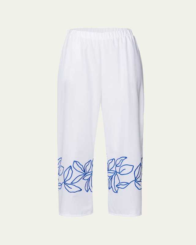 Liz Leaf-Embroidered Cropped Cotton Pants